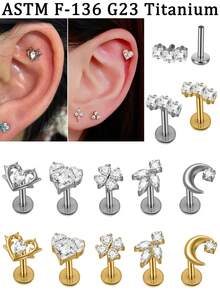 1 件装 CZ 马眼形心形方形月亮星形耳软骨耳廓耳屏耳钉 16g G23 植入式钛金属内螺纹锆石铺镶平底唇鼻唇钉穿刺饰品 男女通用 日常优雅 - 鈦本色 - 查看 2