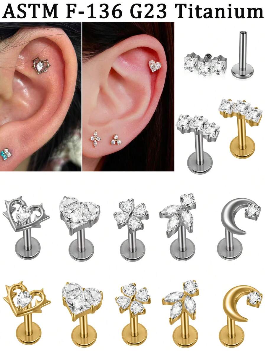 1 件装 CZ 马眼形心形方形月亮星形耳软骨耳廓耳屏耳钉 16g G23 植入式钛金属内螺纹锆石铺镶平底唇鼻唇钉穿刺饰品 男女通用 日常优雅