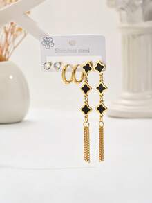 6pcs Set Stainless Steel Long Tassel Earrings, Fashionable & Versatile Jewelry Set For Women - Multicolor - View 3