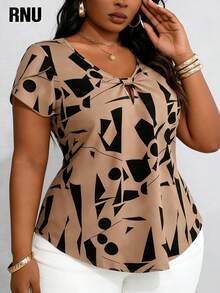RNU Plus Size Women Geometric Pattern Front Tie Blouse, Suitable For Daily Wear, Evening Date, Holiday, Wedding, School, Vacation, Work, Home, Birthday Party, Dates - Camel - View 5