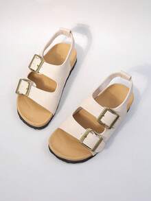 Girls' Beige Suede Double Buckle Sandals, Open Toe Cork Footbed Summer Shoes For Kids - Apricot - View 7