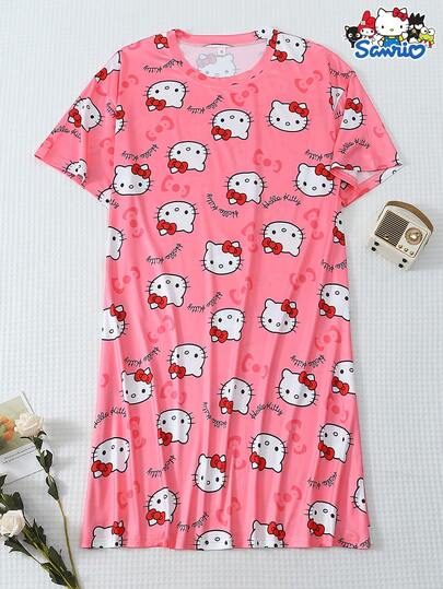 SANRIO Áo ngủ tay ngắn in họa tiết dễ thương, rộng rãi và thoáng khí, thích hợp mặc ở nhà, mùa xuân/hè.