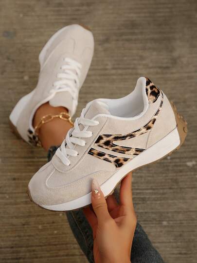 Gray Flat Casual Sports Shoes Lace-Up Shoes Patchwork Design Soft Leather Back To School Spring Summer College Style Low Vamp Versatile Casual Comfortable Fashionable Running Sneakers