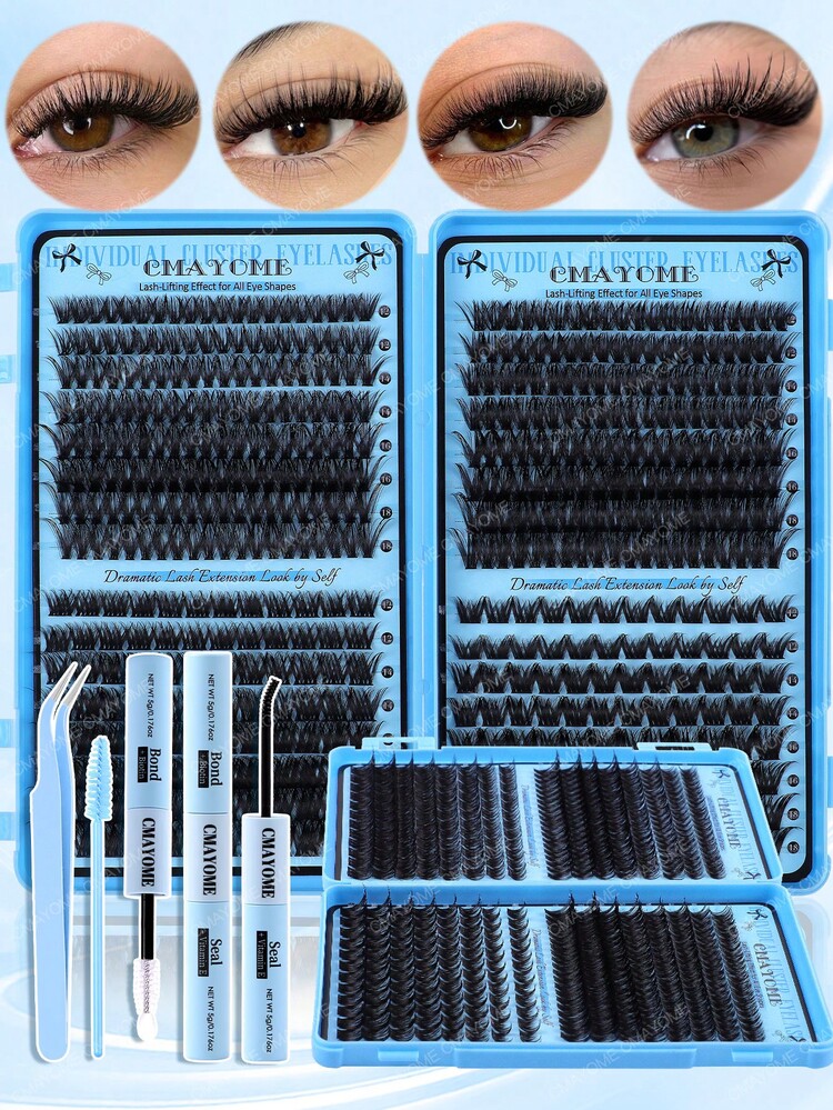 CMAYOME 464/512/544簇假睫毛套装，12-18mm混合密度睫毛工具套装，新款12-18mm猫眼D卷睫毛，DIY自然妆容睫毛嫁接套装，超柔软轻盈睫毛嫁接套装，睫毛胶水套装，适合日常使用、婚礼、约会、派对、音乐节、万圣节等场合，簇状睫毛，单根睫毛，单簇C卷睫毛，专业假睫毛妆容 - 淺藍色 - 查看 13