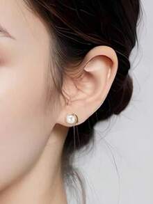 1 Pair/2pcs Minimalist Retro Round Button Faux Pearl Earrings, Women's Stainless Steel Jewelry (No Gift Box) - Gold - View 2