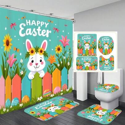 Bộ đồ dùng phòng tắm chủ đề Thỏ Phục Sinh, Hàng rào, Hoa lá (1/4 món), bao gồm rèm tắm, thảm chống trượt, nắp bồn cầu hình chữ U, tấm phủ nắp bồn cầu, trang trí phòng tắm hiện đại, 12 móc treo.