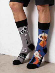 1 双男士双面灰色和蓝色爵士乐器图案中筒袜，四季皆宜。 - 彩色 - 查看 3