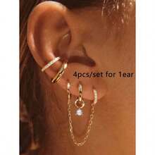 4 Pcs Fashionable Cu Zirconia Chain C-Shaped Ear Cuff Earrings Suitable For Women's Daily And Party Wear Copper Jewelry For One Ear Only - Vàng - Xem 2