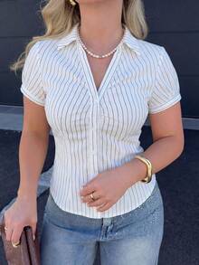 女士休闲通勤条纹前开襟修身衬衫，夏季白色 - 白色 - 查看 4
