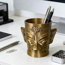 三星堆文化复古青铜脸设计PLA材质独特浮雕纹理双耳设计趣味笔筒，适合用作书房或办公室的多功能笔筒 - 雙耳人面款 - 查看 10