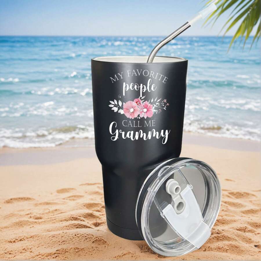 30oz Stainless Steel Tumbler Black White Options, My Favorite People Call Me Grammy Graphic Cups, Insulated Travel Coffee Mug With Lid And Straw , Double Wall Vacuum Reusable Travel Cups, Funny Birthday Party Gift For Men - 黑色 - 查看 1