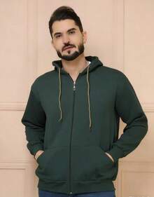 Men's Fleece Sweatshirt Without Hood, Crew Neck, Plain Flannel - 深綠色 - 查看 1