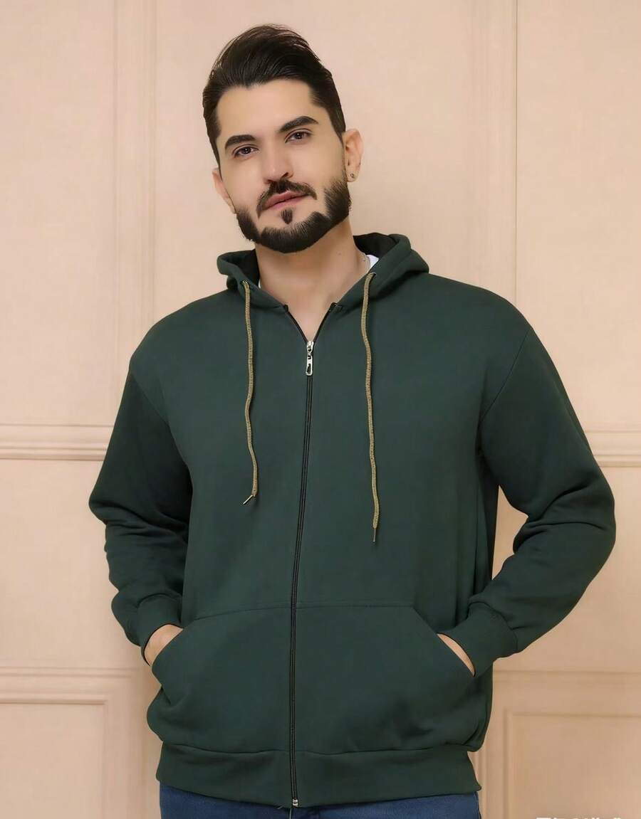 Men's Fleece Sweatshirt Without Hood, Crew Neck, Plain Flannel - 深綠色 - 查看 1