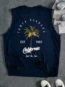 Plus Size Men's Holiday Casual Coconut Tree & Letter Print Tank Top - Navy Blue - View 2