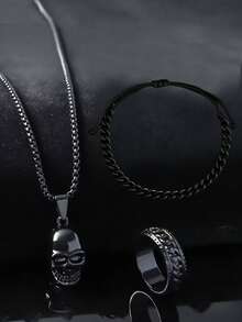 Bộ trang sức hình đầu lâu phong cách Gothic Punk bằng thép không gỉ 3 món, bao gồm mặt dây chuyền hình đầu lâu, vòng tay dây xoắn và nhẫn họa tiết, phù hợp cho những người yêu thích phong cách đường phố, trang phục thường ngày, tiệc Halloween, thanh thiếu niên và những người yêu thích phong cách Gothic Punk. - màu đen - Xem 2