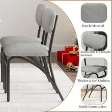 Sillas de comedor modernos Boucle Set de 2, asientos de acento tapizados de mediados del siglo, espalda curva ergonómica, tela de lana de cordero acolchada - Gris - Ver 3