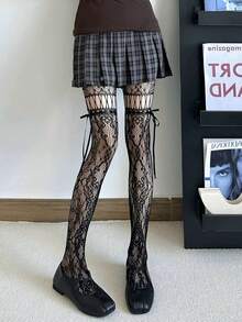 1双黑色/白色/咖啡色/灰色/紫色系带镂空蝴蝶结渔网袜，千禧风格，适合春夏穿着 - 彩色 - 查看 15