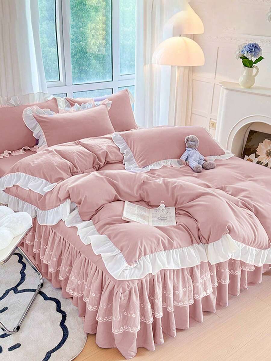 3件套粉色荷叶边简约柔软透气被套组（1个被套+2个枕套，不含被芯），适用于卧室和客房，可机洗，四季皆宜 - 淺粉色 - 查看 1