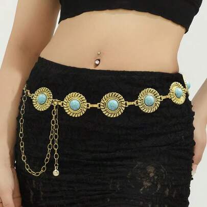 复古绿松石合金腰链，新款雕刻装饰连衣裙腰带，百搭几何欧美跨境