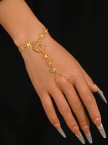 1 pieza Pulsera de dedo completo de mujer de moneda antigua de cobre chapada en oro de lujo y exquisita, adecuada para accesorios de vestido de boda y banquete - Amarillo Oro - Ver 2