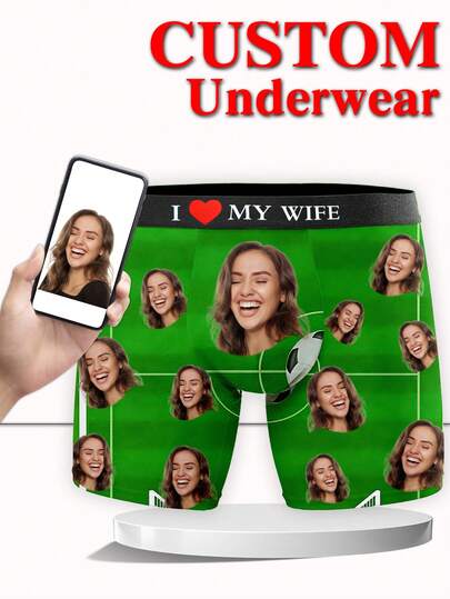 1 Pieza de Calzoncillos Tipo Bóxer Personalizados para Hombres, Ropa Interior Personalizada con Impresión de Foto de Campo de Fútbol y Diseño de Balón, Calzoncillos Tipo Bóxer Personalizados Exclusivos para Esposo, Calzoncillos Tipo Bóxer Personalizados con Expresión Divertida, Deportivo, Divertido, Cómodo, Único, Regalo Ideal para el Día de San Valentín, Aniversario, Cumpleaños, Boda para Novio, Esposo, Él, Perfecto para Hombres Deportistas