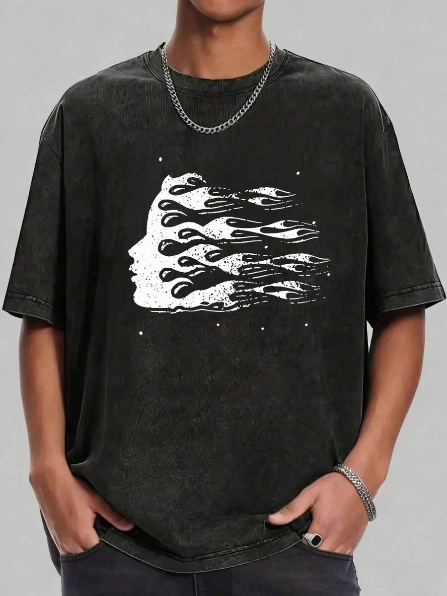 Hellstars Abstract Flame Profile Retro Washed Print Round Neck Short Sleeve T-Shirt, 230g 100% Cotton T-Shirt, Summer Clothes, Men's Tops, Casual And Comfortable, Fashionable Graphic Tee, Unisex Style - Black - View 1