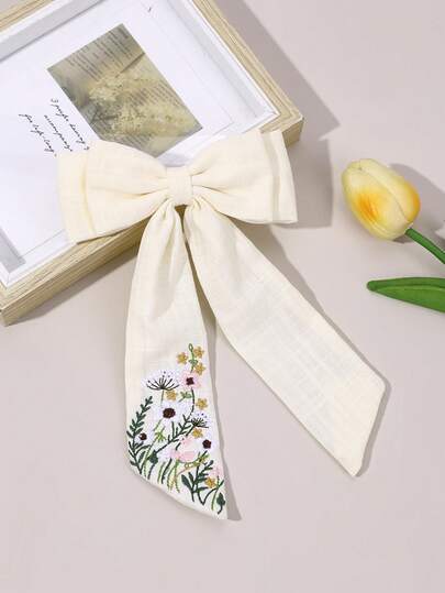 1件田园风布艺发夹，甜美花卉刺绣鳄鱼夹，长尾设计，柔软布艺发夹，法式复古发卡，休闲发夹，青少年发饰