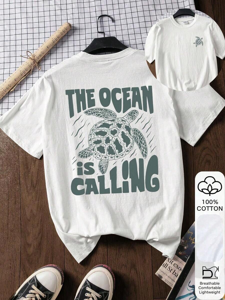 Camiseta suelta para mujer, "El océano está llamando" y estampado de tortuga marina 100% algodón blanco de manga corta con gráfico, Año Nuevo Chino, Año Nuevo Lunar, Año del Caballo, Feliz Año Nuevo, Regalo del Día de San Valentín, Regalo para ella, Vuelta al colegio, Primer día de colegio 2026 Casual - Blanco - Ver 1