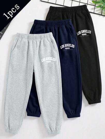 1 pieza Pantalón jogger informal de ajuste holgado con gráfico de letra y decoración de unicolor de forro polar para niño preadolescente, para primavera y otoño