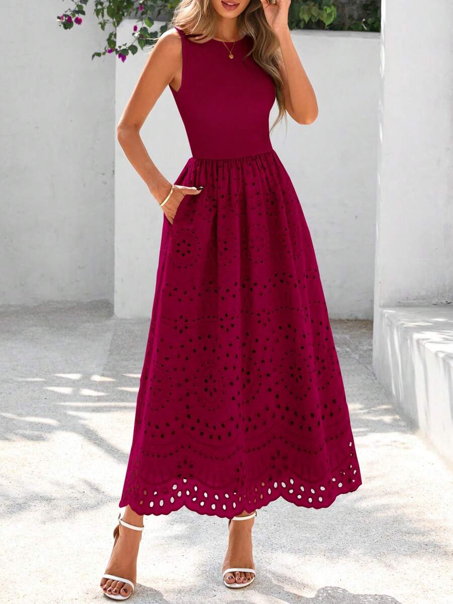 Women Casual Sleeveless Crewneck Lace Eyelet A-Line Flowy Tank Maxi Dress With Pockets Boho Bohemian Summer Spring Holiday Vacation Beach Outfits - 酒紅色 - 查看 1