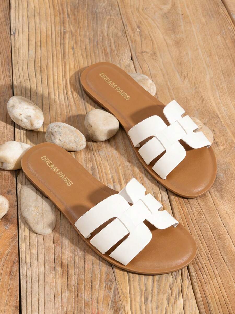 Women's Slide Sandals Slip-On Open Toe Strappy Design Flat Sandals Fashion Dress Casual Comfortable Summer Beach Walking Slides Shoes - 白色 - 查看 1