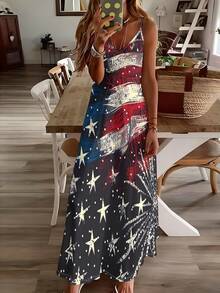 A Women's Maxi Dress With Star-Stripe And Firework Print On Black Base, Polyester Fiber Fabric, Lightweight And Breathable, Regular Women's Clothing, Women's Dress, Women's Apparel - 彩色 - 查看 4