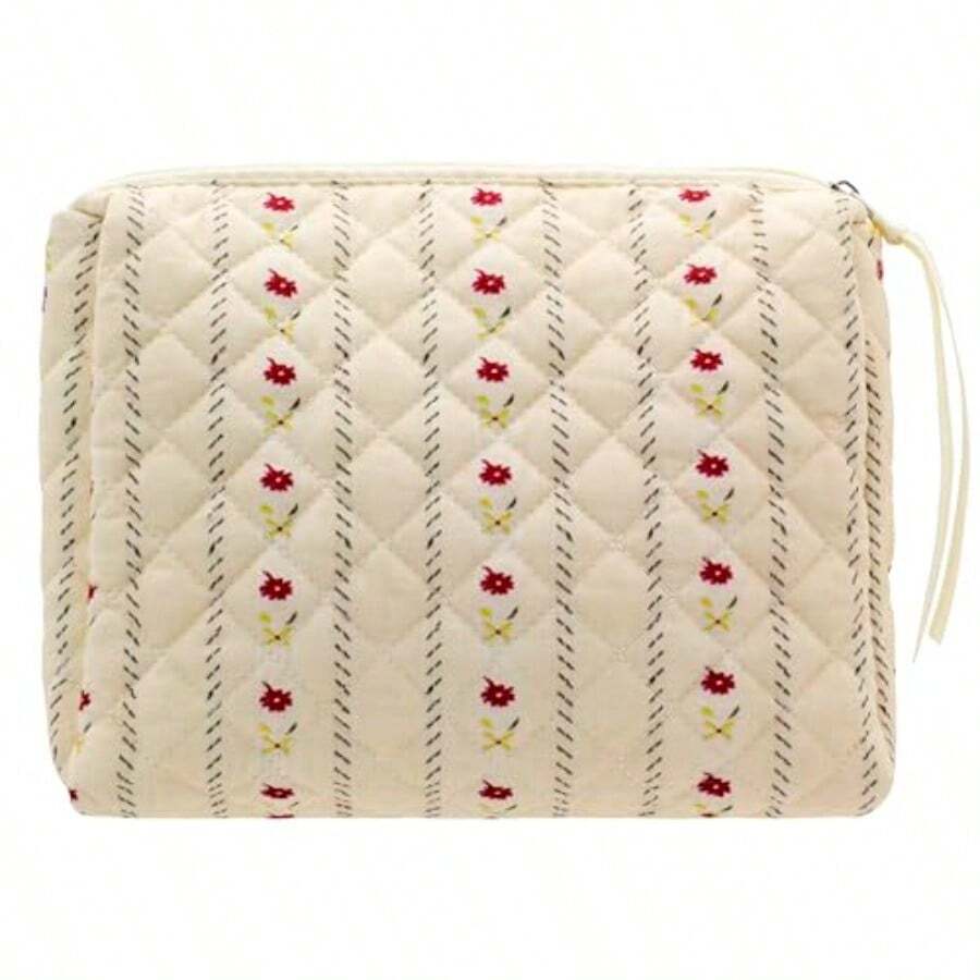PAZIMIIK - Bolsa de maquillaje de algodón para mujer tamaño grande acolchada cosmética de viaje Little Flower Beige 1 PCS Pouch Vintage - Pequeña flor beige - Ver 1