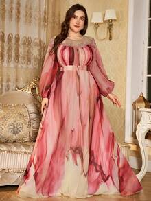 SUPGIR [Random Cut] Round Neck Lantern Sleeve Luxury Beaded Embroidery Decor Elegant Flared Hem Multi-Color Evening Gown Dress - Pink - View 1