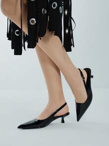 女士黑色高跟鞋，4厘米猫跟鞋，派对正式场合套脚细高跟鞋，尖头高跟鞋 - 黑色 - 查看 4