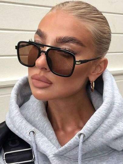 1 Pair Square Fashion Glasses, Double-Bridge Design, Retro Classic Versatile, Customizable, Women's Fashion Glasses, Essential Item For Summer Beach, Outdoor Activities, Travel