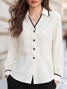 女士休闲撞色衬衫一件装，简约休闲，适合户外、通勤穿着，白色优雅上衣，优雅丝绸衬衫，米色衬衫，适合办公室、度假、居家、日常穿着、节日、四季春季穿着。 - 白色 - 查看 9