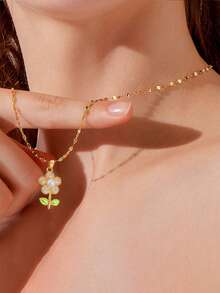 1pc Cute Titanium Steel Necklace Paired With A 18K Gold-Plated Copper Flower Pendant Stud Earring Inlaid With Cubic Zirconia Is A Suitable Gift For Family And Friends. - Multicolor - View 3