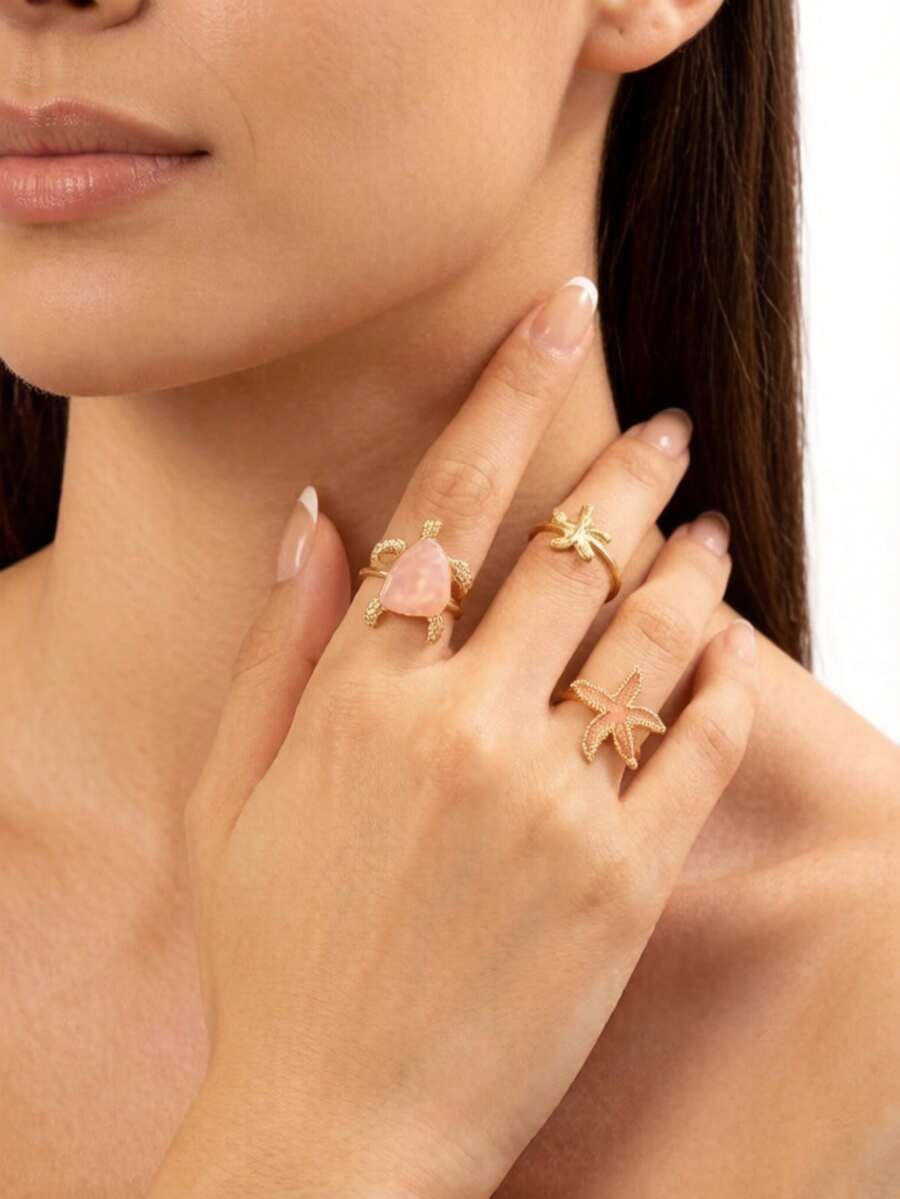 Set de 3 anillos exagerados con estrella de mar, turquesa y tortuga marina, joyería con temática bohemia de playa, anillos de estilo veraniego y oceánico ajustables para mujer, accesorios para vacaciones de verano - Multicolor - Ver 1