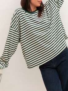 新款时尚优雅条纹罗纹上衣，适合居家、日常穿着、早午餐、机场穿搭，四季皆宜，春季必备 - 綠色 - 查看 4