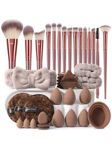 40件套化妆工具套装，包括：15支化妆刷套装+1个发圈+6个三角粉扑+2个手碗挂绳+3个洁面海绵+6个化妆海绵+1个化妆刷清洁工具+3个迷你化妆海绵+3个迷你气垫粉扑，一应俱全，新手友好 | 方便携带，送礼佳品 | 新手/女性的完美之选 - 彩色 - 查看 13