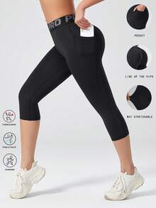 Quần yoga PRO Letter nâng eo và định hình dáng người, có túi, ôm sát bụng, dài đến mắt cá chân. - màu đen - Xem 1