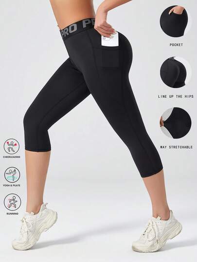 Quần yoga PRO Letter nâng eo và định hình dáng người, có túi, ôm sát bụng, dài đến mắt cá chân.