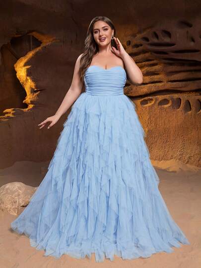Faeriesty 大码优雅无肩带正式晚礼服，褶裥紧身胸衣搭配多层雪纺裙摆，适合浪漫庆典、婚礼和正式晚宴。