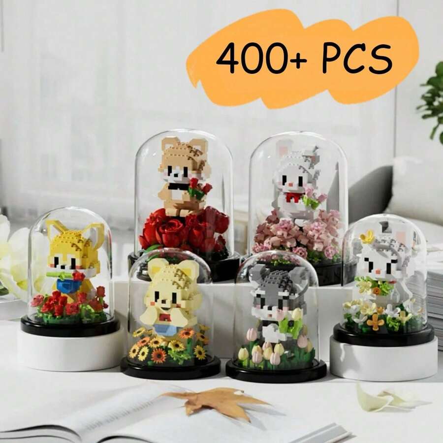 Bloques de construcción de flores de mascotas lindas, serie de bloques de construcción de animales de mascotas en miniatura, kit de bloques de construcción DIY, regalo de adorno de escritorio creativo, juguetes divertidos para cumpleaños, Acción de Gracias, Halloween, Navidad, 400+ piezas - Multicolor - Ver 1