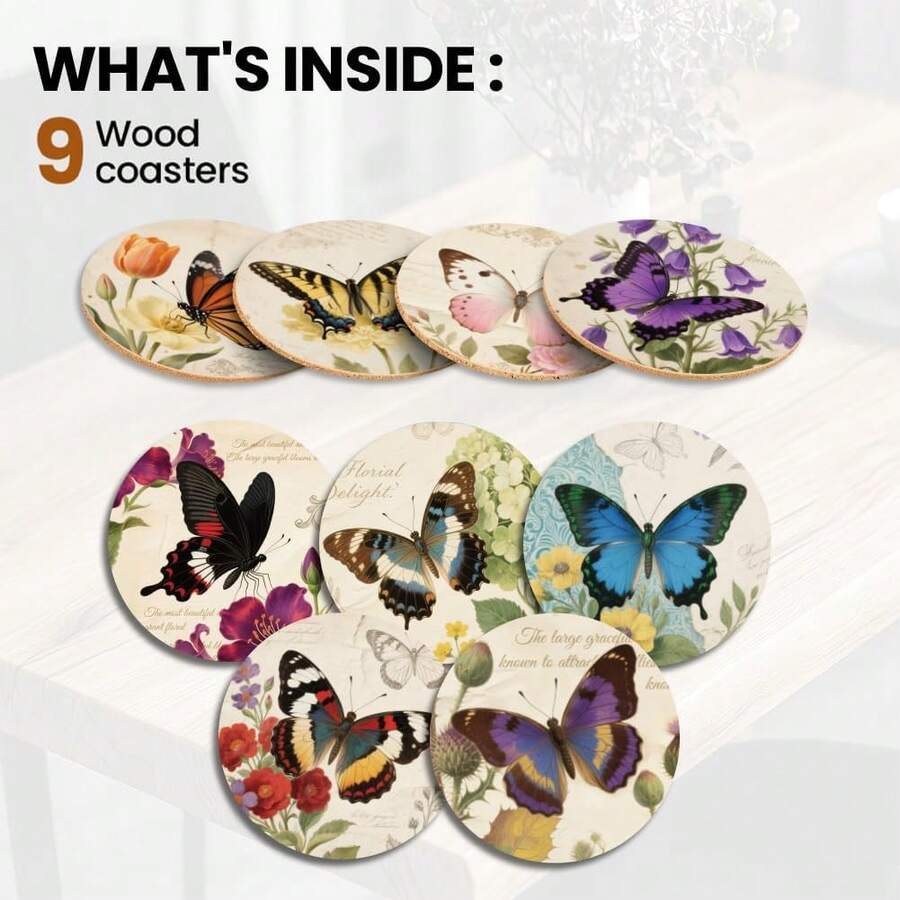9 bucăți de suporturi de pahare din lemn colorate, cu model vintage floral și fluturi, potrivite pentru casă nouă, cadou de casă nouă, suporturi decorative rotunde de 3,9 inch (aproximativ 9,9 cm) pentru măsuță de cafea, casă de la țară, decor de bar