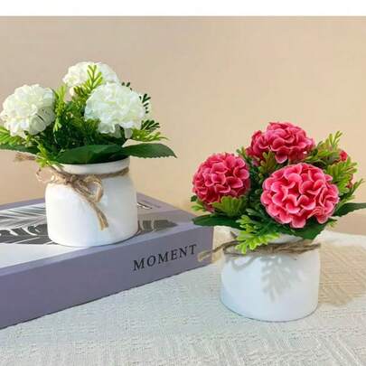 1个装饰花盆，人造花卉，适用于家居客厅，逼真小菊花，塑料花盆，逼真植物装饰摆件