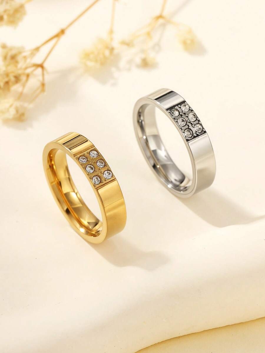 2 piezas Juego de anillos minimalistas de moda de acero inoxidable con baño de oro, incrustados con rhinestones blancos, adecuados para uso diario de mujeres o como regalo - Multicolor - Ver 1