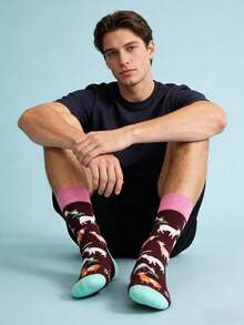 1 双男士深棕色和浅蓝色撞色山羊图案中筒袜，四季皆宜。 - 彩色 - 查看 5