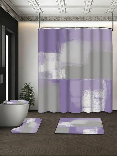 四件套浴室用品，优雅的紫灰色抽象艺术风格，包含浴帘、防滑垫、U型垫、马桶盖，防水面料，适用于家庭和酒店浴室装饰，尺寸为72英寸x72英寸 - 家居/卧室/西式/春季装饰